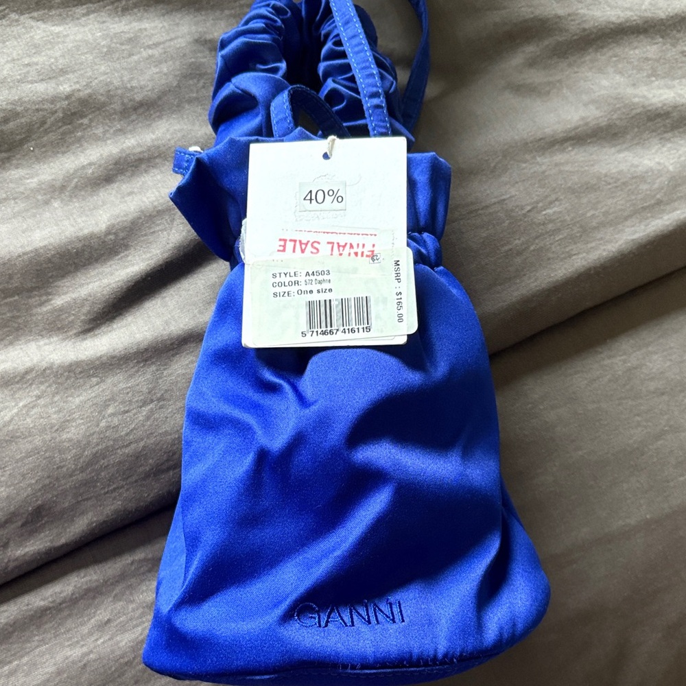 Ganni Cobalt Satin Drawstring Mini Bag